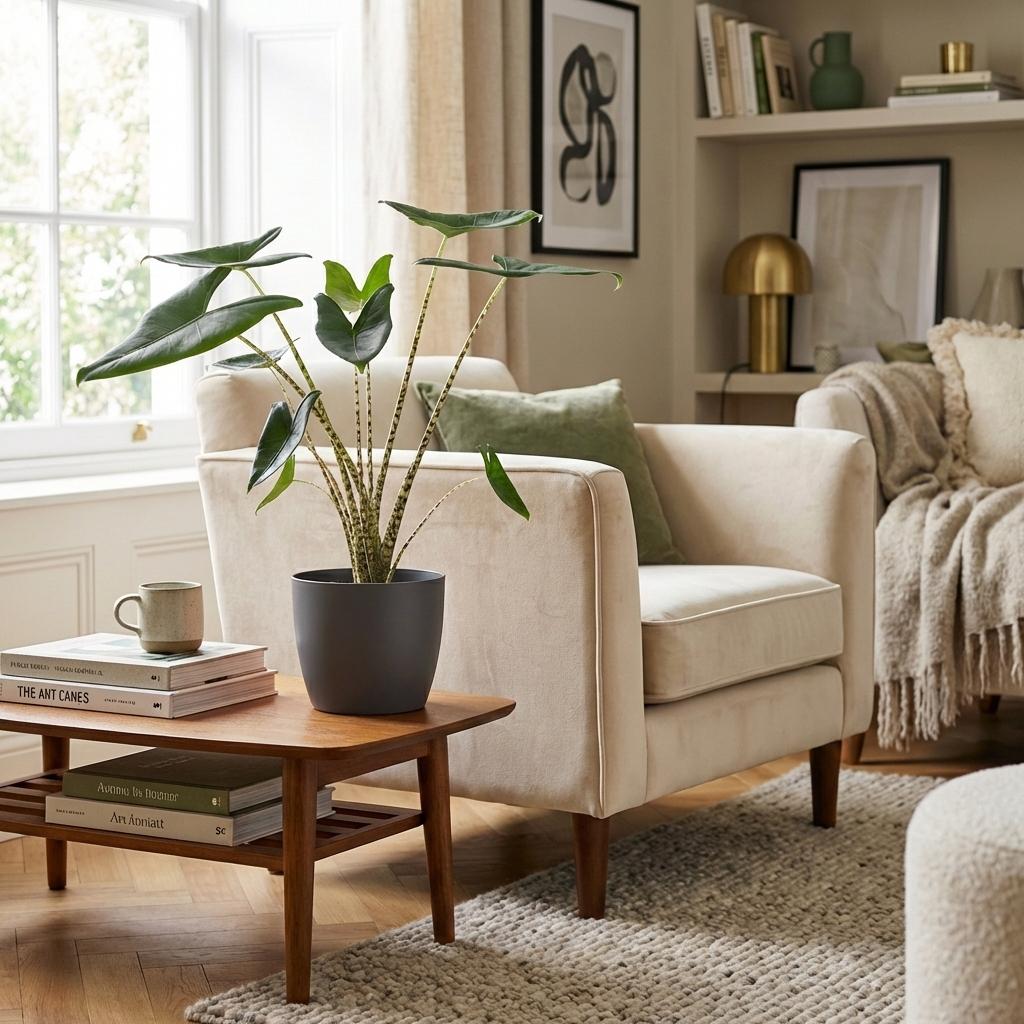Green boutiQ - Zimmerpflanze - Elefantenohr - Alocasia Zebrina - Grün - Pflegeleicht - 1 Pflanze - mit Übertopf Grau - Topf 21 cm - Höhe 70 - 75cm