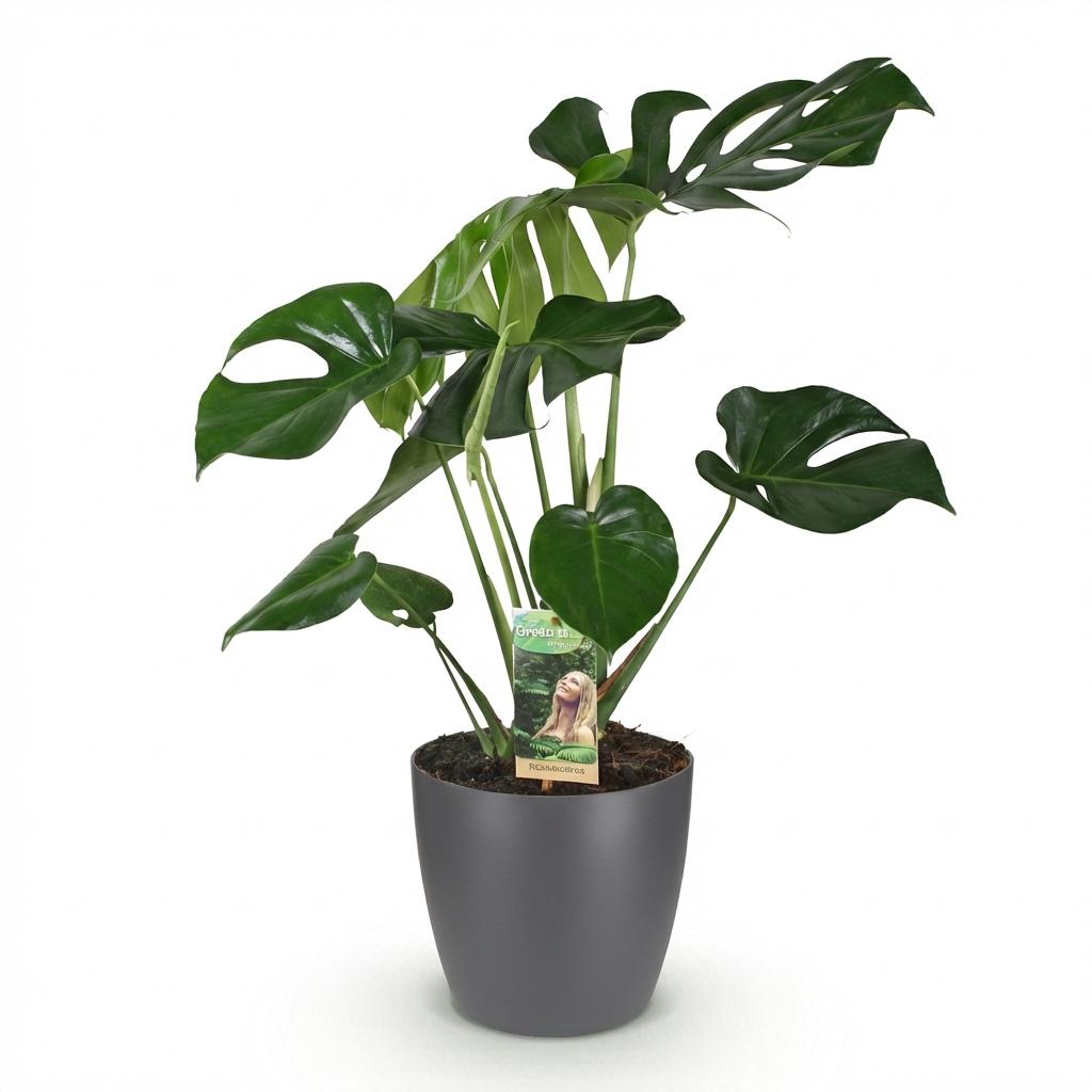 Green BoutiQ - Zimmerpflanzen - Monstera Deliciosa - Fensterblatt - Pflegeleicht - Grün - 1 Pflanze - mit Topf Grau - Topf 21cm - Höhe 70-80cm