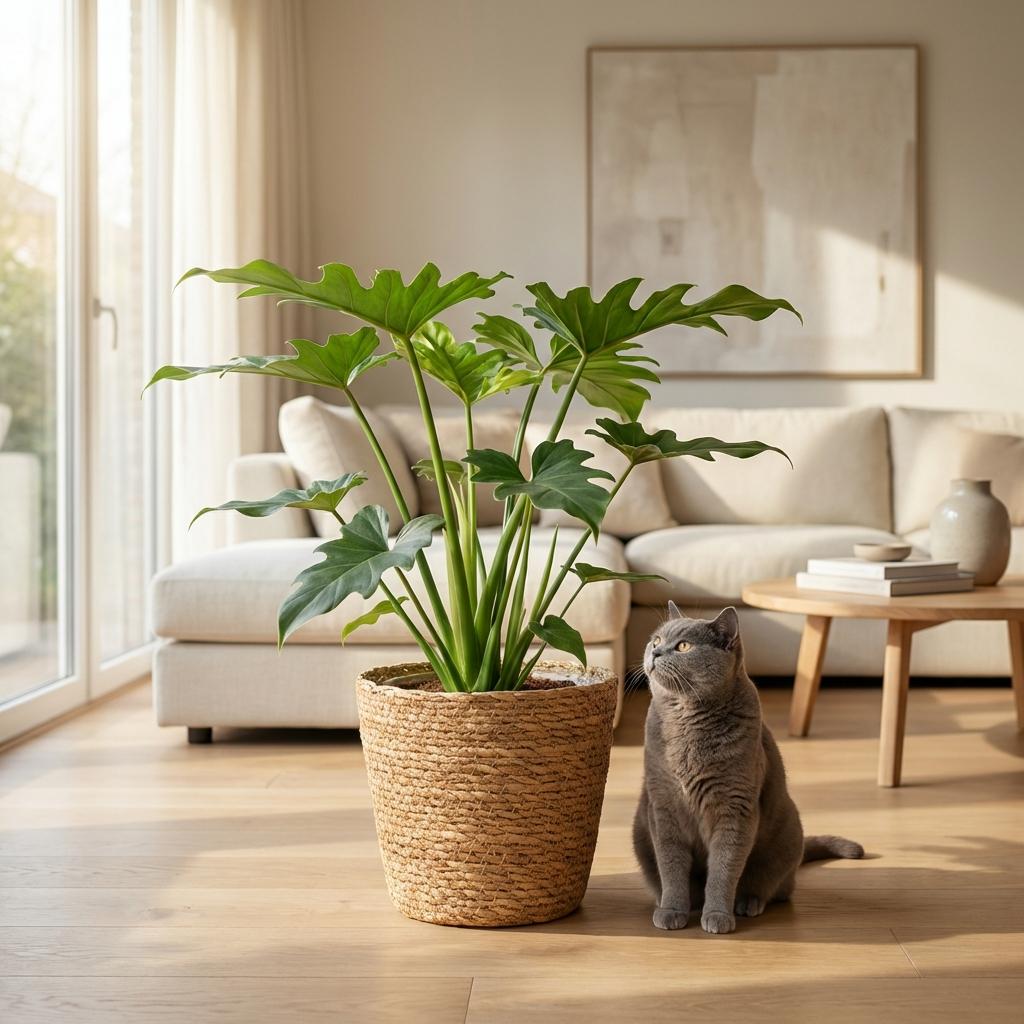 Green boutiQ - Zimmerpflanze - Philodendron - Philodendron Lacerum - Grün - Pflegeleicht - 1 Pflanze - mit Korb - Topf 19cm - Höhe 65cm