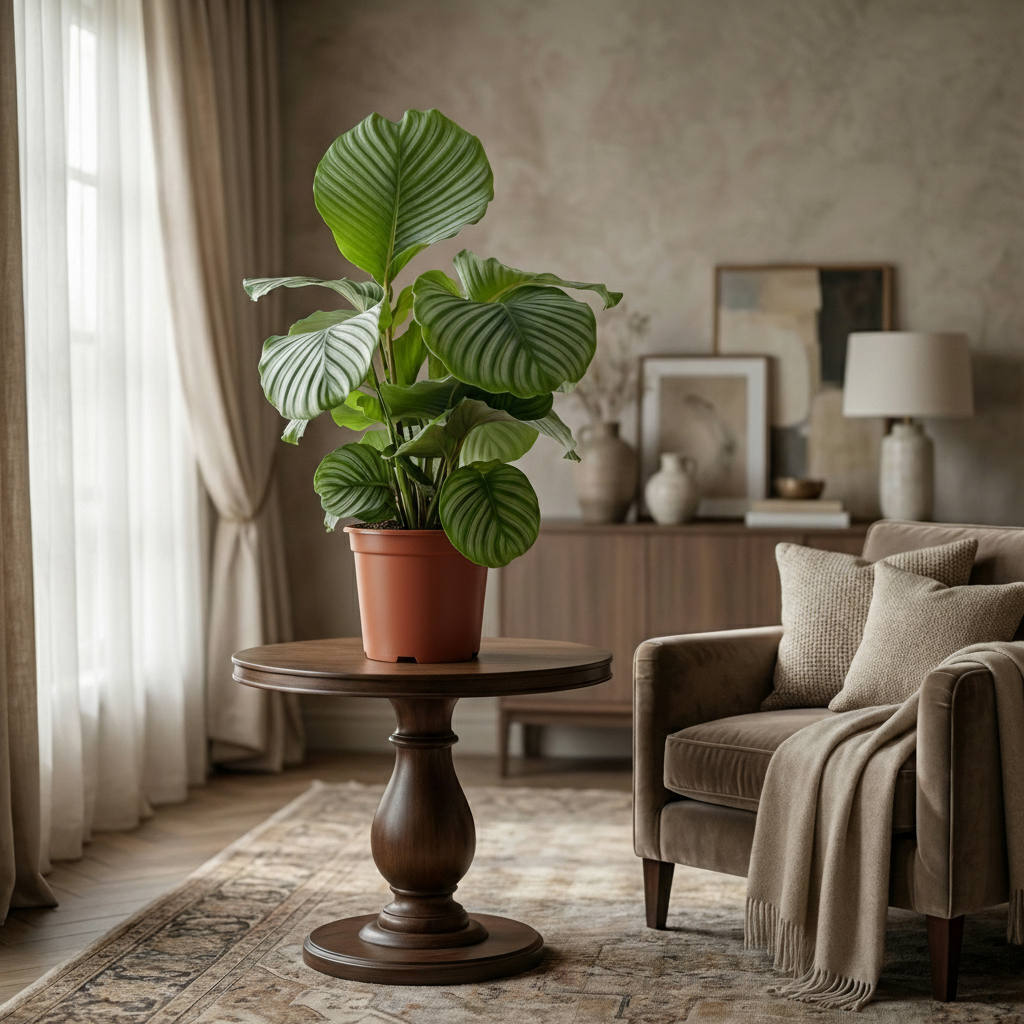 Green boutiQ - Zimmerpflanze - Pfauenpflanze - Calathea Orbifolia - Grün - Pflegeleicht - 1 Pflanze - Topf 21cm - Höhe 60 - 70cm