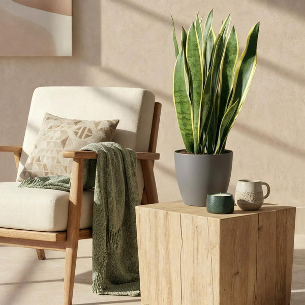 Green BoutiQ - Zimmerpflanzen - Sansevieria Laurentii - Bogenhanf - Pflegeleicht - Grün - 1 Pflanze - mit Topf Grau - Topf 21cm - Höhe 70-80cm