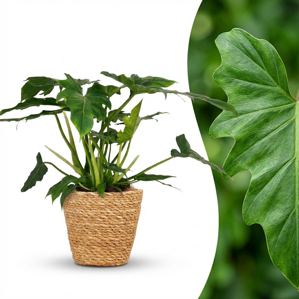 Green boutiQ - Zimmerpflanze - Philodendron - Philodendron Lacerum - Grün - Pflegeleicht - 1 Pflanze - mit Korb - Topf 19cm - Höhe 65cm