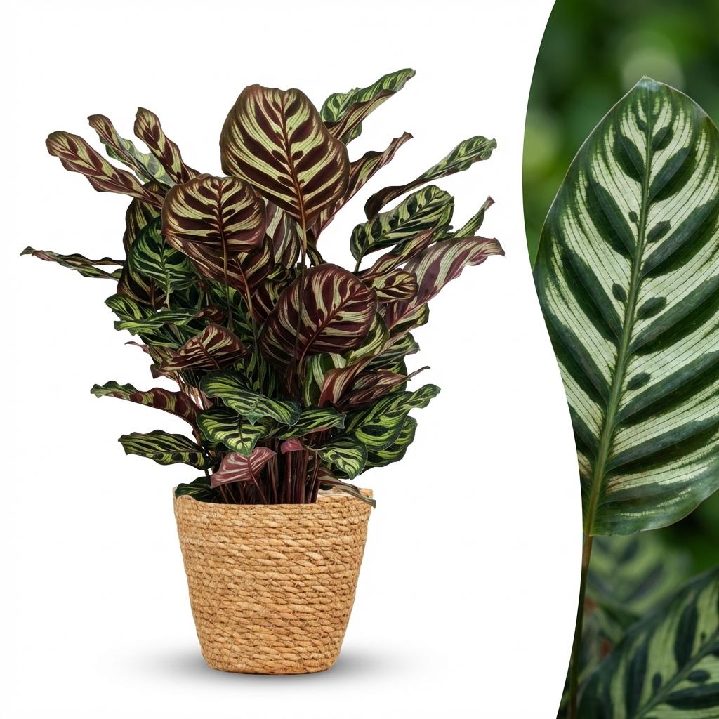 Green boutiQ – Zimmerpflanze – Pfauenpflanze – Calathea Makoyana – Grün – Pflegeleicht – 1 Pflanze – mit Korb – Topf 19cm – Höhe 70cm