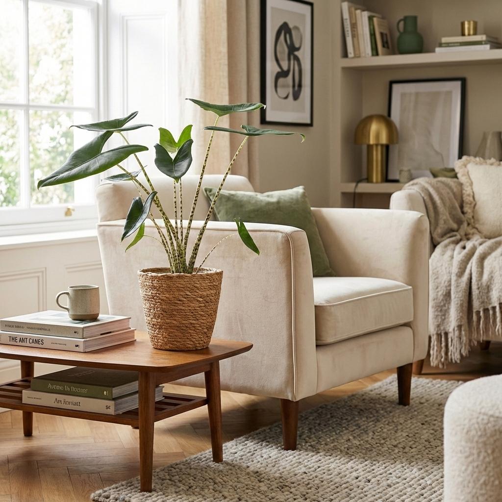 Green boutiQ - Zimmerpflanze - Elefantenohr - Alocasia Zebrina - Grün - Pflegeleicht - 1 Pflanze - mit Übertopf Grau - Topf 21 cm - Höhe 70 - 75cm